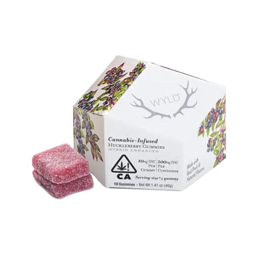 Wyld Huckleberry cannabis-infused gummies in hybrid formulation with packaging showcasing vibrant huckleberry illustrations.