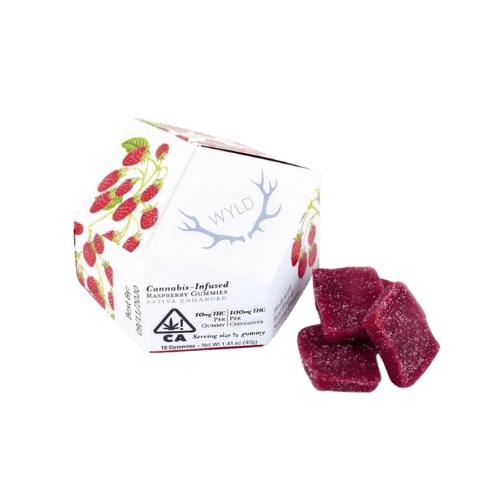 Wyld Raspberry cannabis-infused gummies in sativa formulation with bright raspberry-themed packaging.