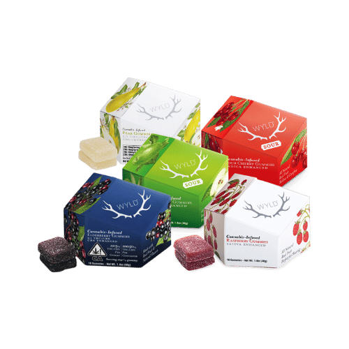 Assortment of Wyld cannabis gummies in colorful packaging, showcasing various flavors like Raspberry, Elderberry, Pomegranate, and Peach.