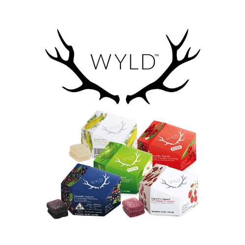 Wyld cannabis gummies assortment featuring various flavors in colorful packaging, showcasing the premium edibles brand logo with antler design.