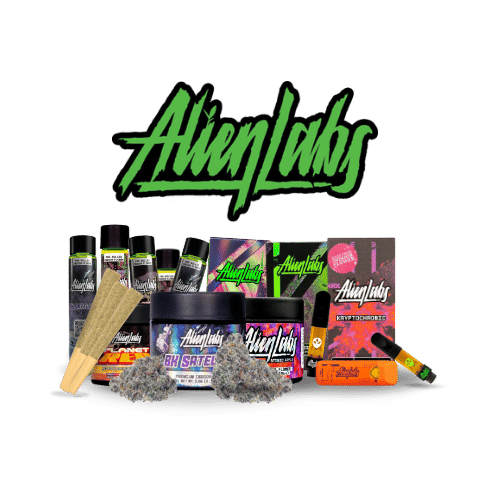 A display of Alien Labs cannabis products featuring pre-rolls, premium flower jars, vape cartridges, and branded packaging, accompanied by the Alien Labs logo.