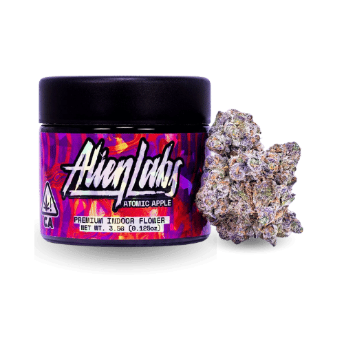 Jar of Alien Labs Atomic Apple Premium Indoor Flower with dense cannabis buds showcasing its quality and aroma.