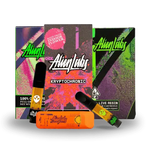 Alien Labs vape collection with colorful packaging and a sleek vape pen, showcasing bold flavors and innovative cannabis technology.