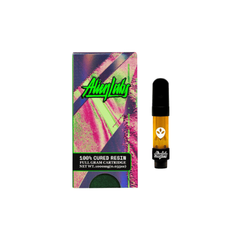 Alien Labs Atomic Apple Cured Resin Vape packaging and sleek vape pen highlighting premium quality and flavor.