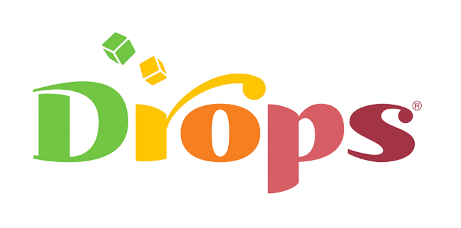 Colorful "Drops" logo with stylized letters in green, orange, and red, accompanied by floating geometric shapes and curved details.