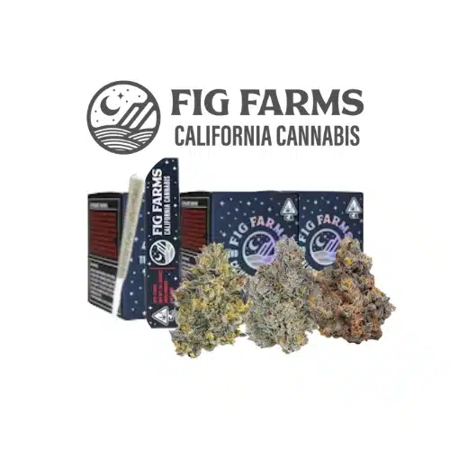 Fig Farms cannabis products with packaging and premium flower display.