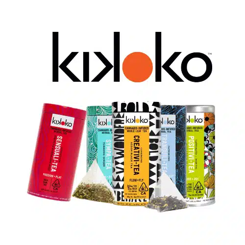 Kikoko logo with a display of cannabis-infused tea products: Sensuali-Tea, Creativity-Tea, Tranquili-Tea, and Positivi-Tea. The image highlights Kikoko's mission to provide mood-enhancing and wellness-focused tea blends.