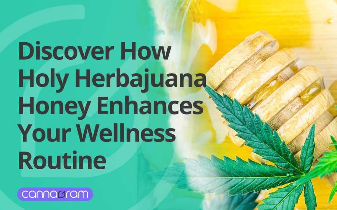 A promotional image featuring a cannabis leaf, honey, and wooden honey dipper with text that reads, "Discover How Holy Herbajuana Honey Enhances Your Wellness Routine." The background blends green and yellow tones, and the Cannagram logo is placed at the bottom left.