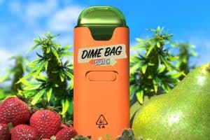 An orange Dime Bag Switch 3-in-1 vape device with a green top, placed in a vibrant outdoor setting with cannabis plants in the background. The foreground features fresh strawberries, a pear, and cannabis buds, symbolizing natural and fruity flavors.