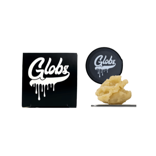 Black Globs packaging beside a container of creamy concentrate, available through Cannagram’s weed delivery in Sacramento.