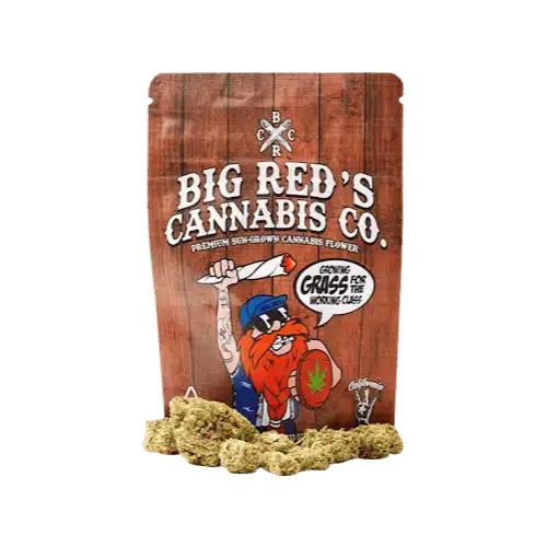 A rustic-themed Big Red’s Cannabis Co. pouch containing sun-grown cannabis buds, purchasable via Cannagram’s weed delivery in Sacramento.