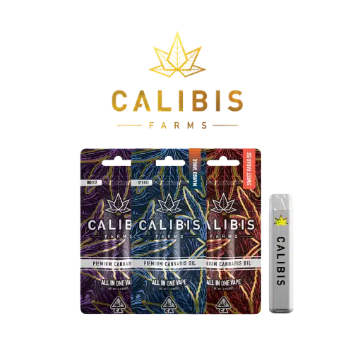 Calibis Farms premium THC vapes available for delivery in Sacramento via Cannagram. Sativa, Indica, and Hybrid AIO vapes.