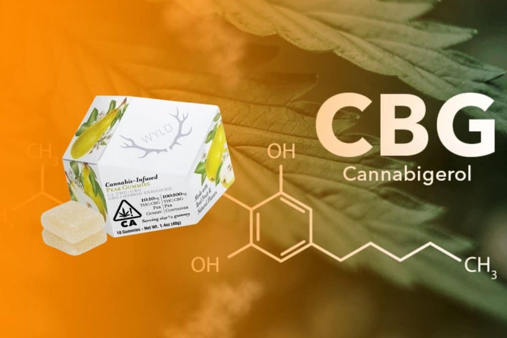 Image of a 'Wyld Pear Gummies' box infused with cannabis, containing 10mg THC and 10mg CBG per gummy. The background features a cannabis leaf, the chemical formula of CBG (Cannabigerol), and a gradient in orange and green tones.