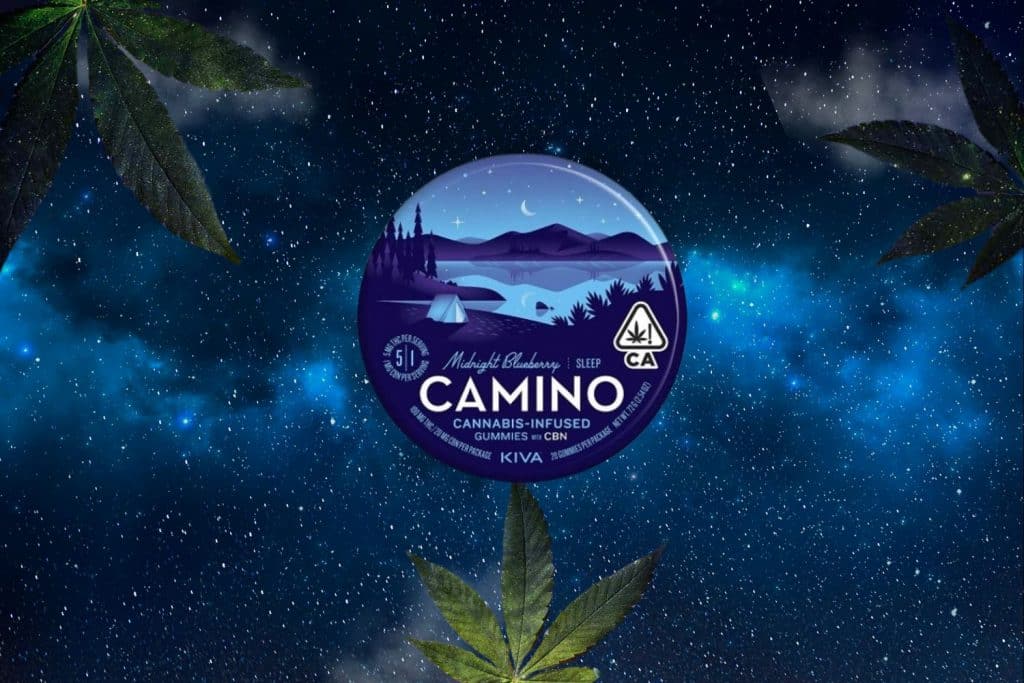 Camino Midnight Blueberry gummies tin by Kiva, infused with cannabis and CBN, floating in a starry night sky with cannabis leaves around. Perfect for relaxation and sleep.