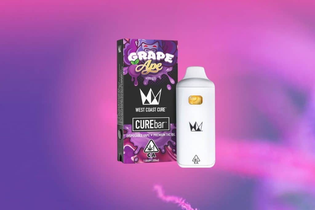 Grape Ape West Coast Cure CureBar disposable vape with packaging against a vibrant pink and purple gradient background.