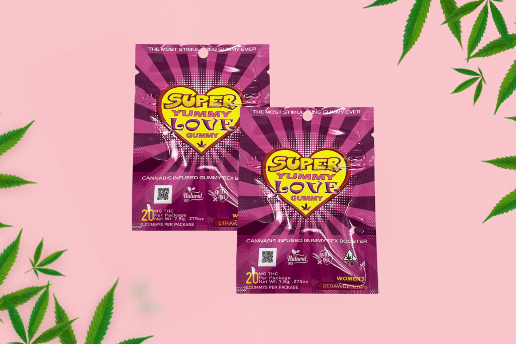 Two packs of Super Yummy Love Gummy, a cannabis-infused sex booster gummy, against a pink background with cannabis leaves.