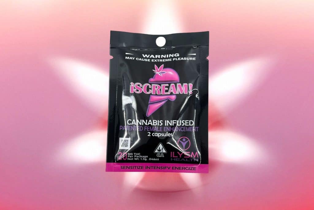 iScream! cannabis-infused female enhancement capsules in sleek black packaging with a pink ice cream logo, set against a glowing pink backdrop.