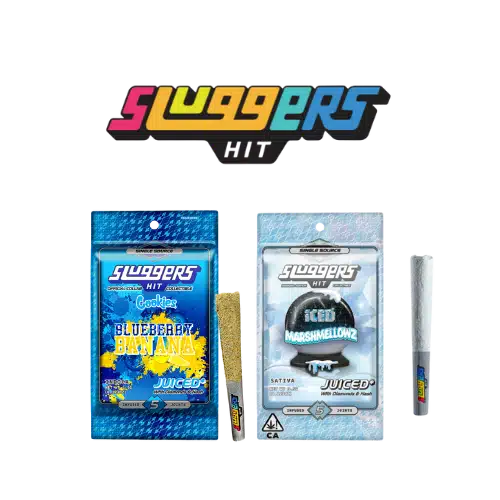 Sluggers Hit Juiced infused pre-rolls in Blueberry Banana and Iced Marshmellowz, available for delivery in Sacramento via Cannagram.