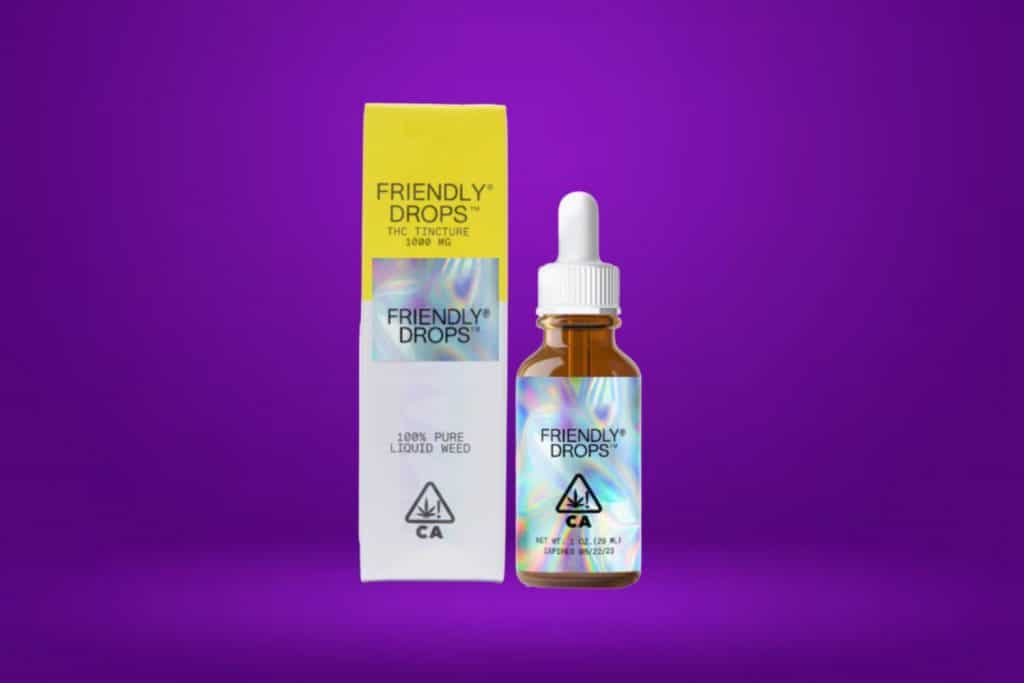 Friendly Drops THC Tincture 1000mg – A premium cannabis tincture displayed with its sleek packaging against a vibrant purple background.