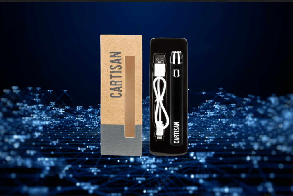 Cartisan variable voltage vaporizer with 510 threading, displayed in its retail packaging. The box is made of eco-friendly materials, and the kit includes a USB charging cable. The background features a futuristic digital network design.