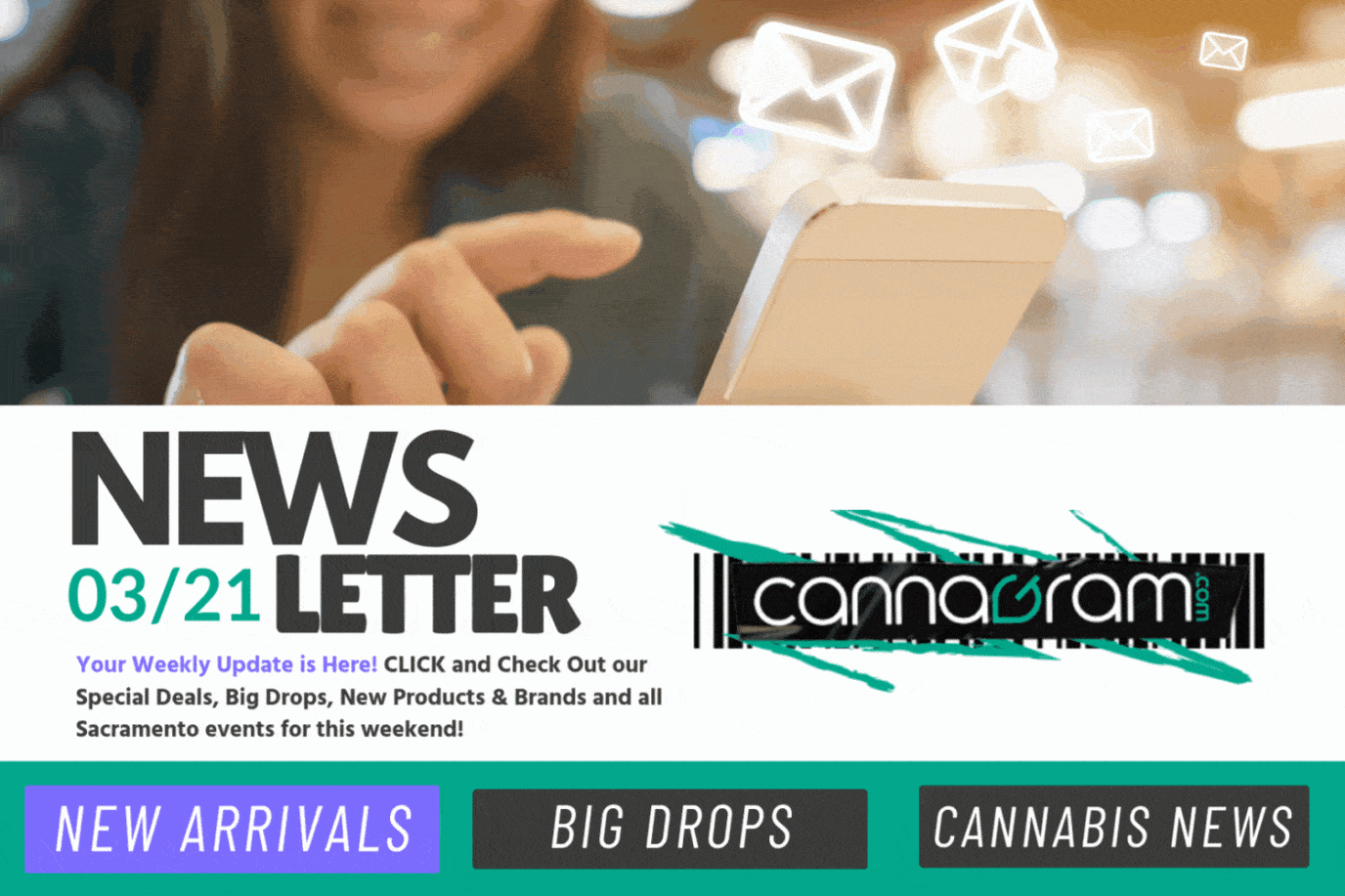 A checklist and magnifying glass with premium cannabis flower, illustrating four things to consider before buying high-quality cannabis, with Cannagram logo.