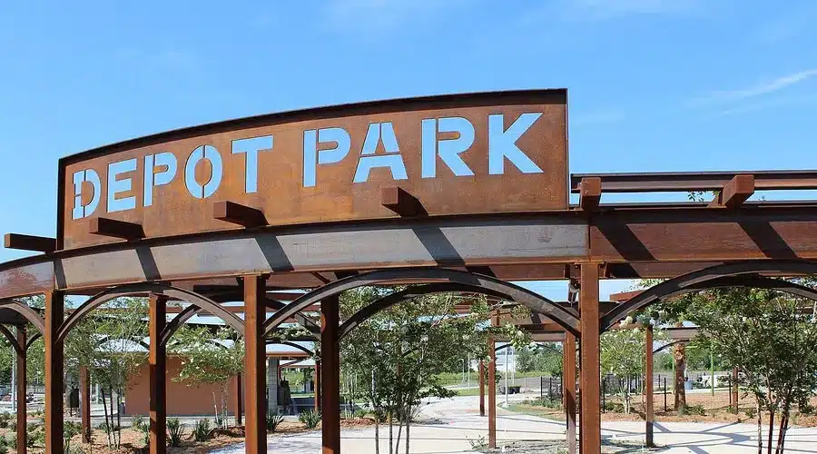 depot-park-sacramento-weed-delivery Depot Park entrance sign in Rio Linda, CA under clear blue sky